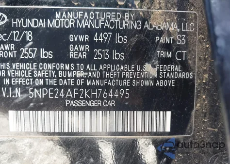 2019 Hyundai Sonata Se z USA, uszkodzony, nr VIN 5NPE24AF2KH764495